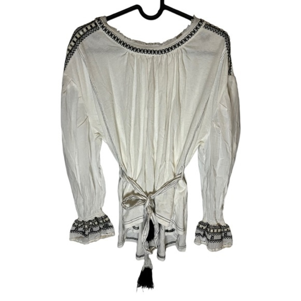 Free People White Bohemian Embroidered Peasant Blouse with Black Accents